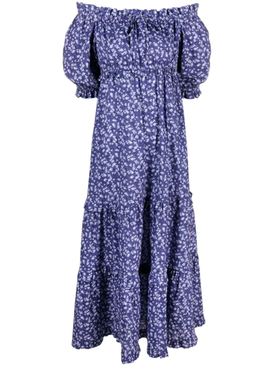 Peony Floral-print Off-shoulder Dress In Purple