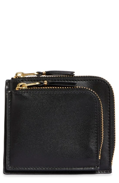 Comme Des Garçons Outside Pocket Two-compartment Half Zip Leather Wallet In Black