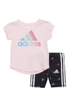 Adidas Originals Babies' T-shirt & 3-stripes Bike Shorts Set In Clear Pink