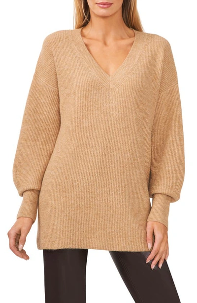 Halogen V-neck Tunic Sweater In Camel Heather