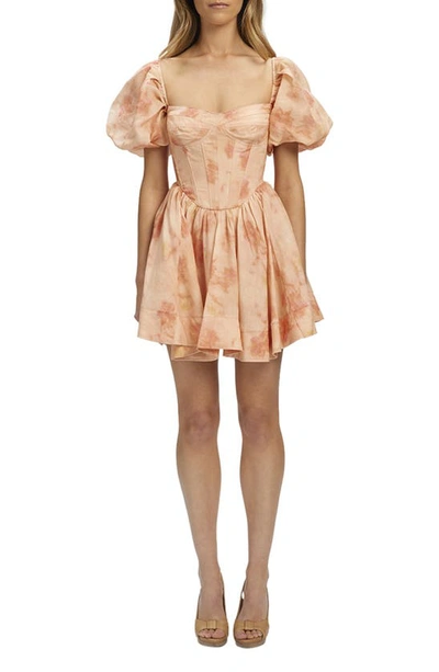 Bardot Puff Sleeve Corset Mini Dress In Apricot Floral-orange