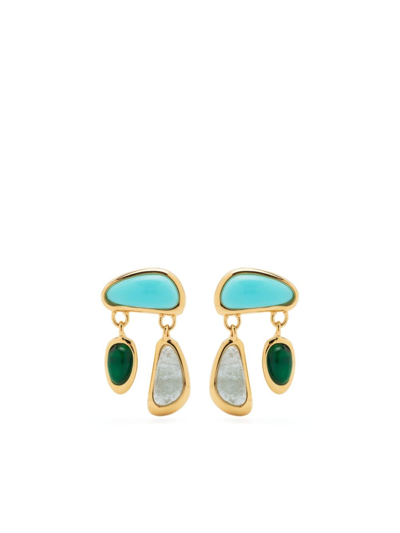 Missoma Molten Gemstone Floating Charm Stud Earrings 18ct Gold Plated/chalcedony & Turquoise & Aquamarine