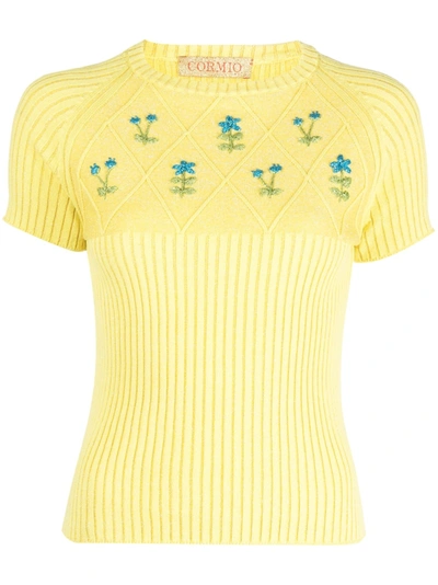 Cormio Flower-embroidered Knitted T-shirt In Yellow