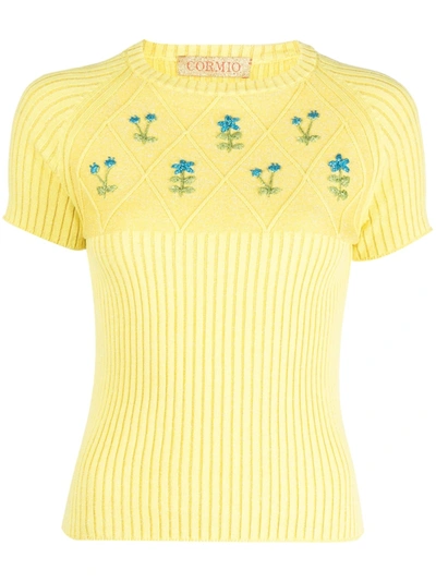 Cormio Diamond Embroidered Ribbed Metallic Cotton-blend Top In Yellow