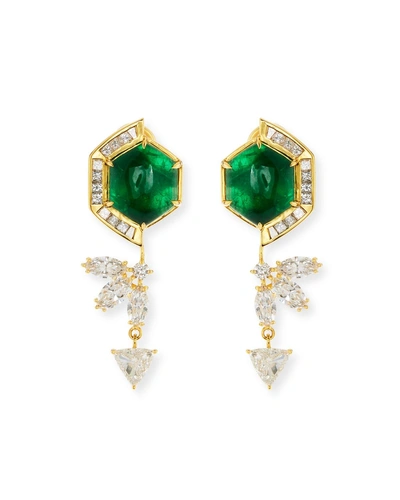 Buddha Mama 20k Hexagon Emerald & Diamond Drop Earrings