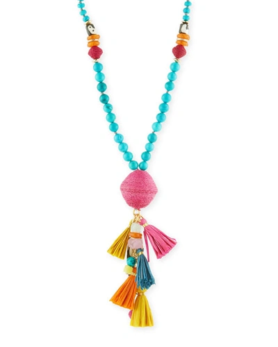 Akola Long Mixed Bead Necklace W/ Multi-tassel Drop, Multicolor