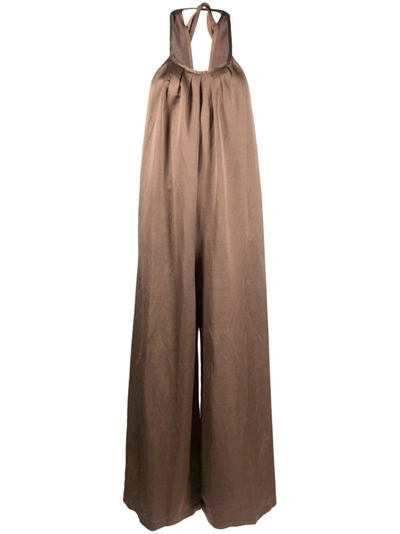 Alysi Wide Satin Jumpsuit In Brown