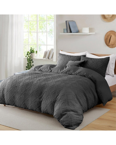 Unikome Soft Solid Clipped Jacquard Duvet Cover Set In Dark Gray, Wave Quilted