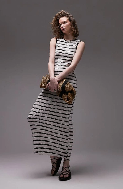 Topshop Textured Crochet Stripe Midi Jersey Dress In Mono-multi