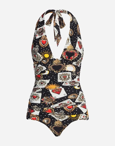 Dolce & Gabbana Printed One-piece Swimsuit In Black