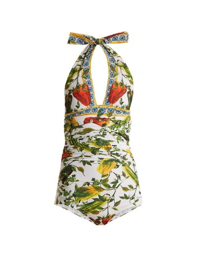 Dolce & Gabbana Halterneck Ruched Floral-print Swimsuit In Cream