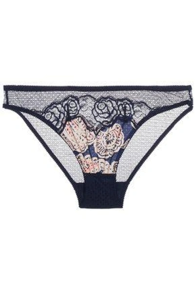 Stella Mccartney Woman Lace-trimmed Printed Satin And Mesh Low-rise Briefs Midnight Blue