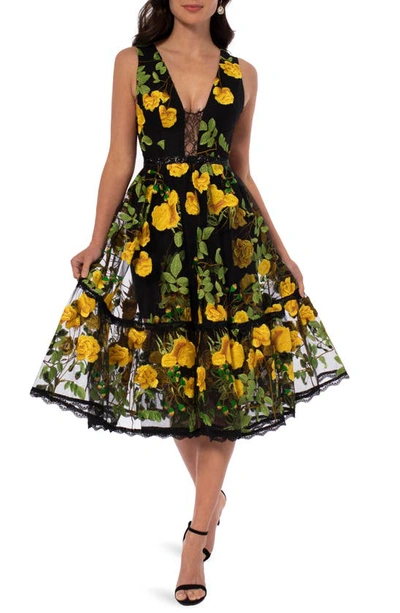 Helsi Cathy Floral Embroidered Cocktail Dress In Black/ Yellow