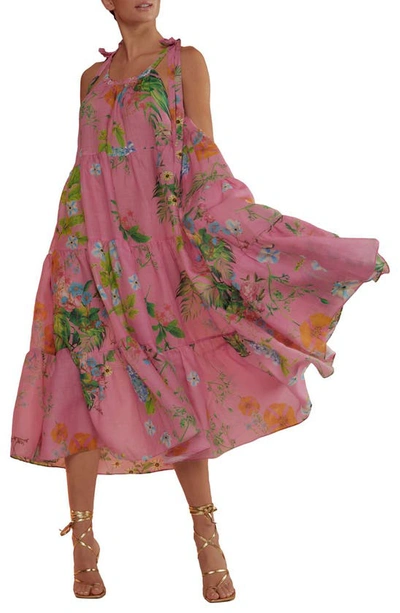 Cynthia Rowley Floral Print Tiered Ramie Dress In Pink