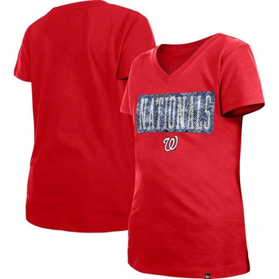 New Era Kids' Girls Youth  Red Washington Nationals Flip Sequin Team V-neck T-shirt
