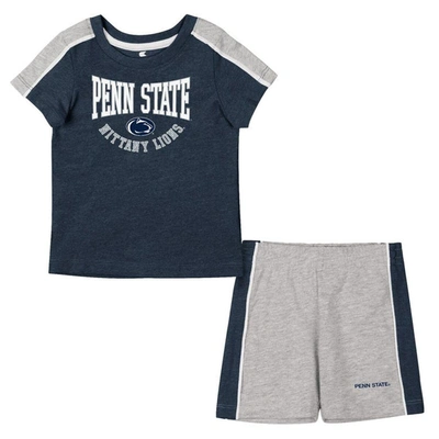 Colosseum Babies' Infant Boys And Girls  Navy, Heather Gray Penn State Nittany Lions Norman T-shirt And Short In Navy,heather Gray