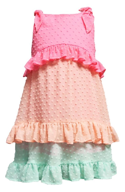 Ava & Yelly Kids' Ruffle Clip Dot Chiffon Trapeze Dress In Coral Multi