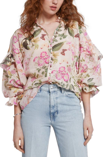 & Other Stories Floral Print Ruffle Sleeve Blouse In Cream Flower/ Bird Aop Vera