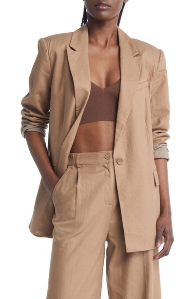Open Edit Oversize Linen Blend Blazer In Brown Caribou