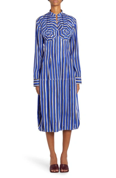 Bottega Veneta Stripe Long Sleeve Midi Dress In Blue/ Black