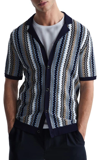 Reiss Gibbon Stripe Short Sleeve Knit Button-up Shirt In Navy