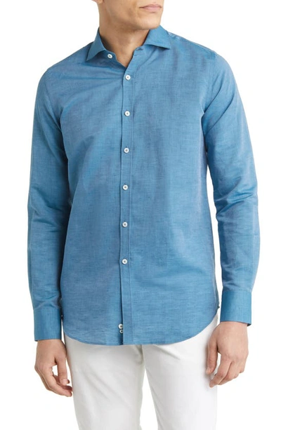 Canali Cotton & Linen Button-up Sport Shirt In Turquoise