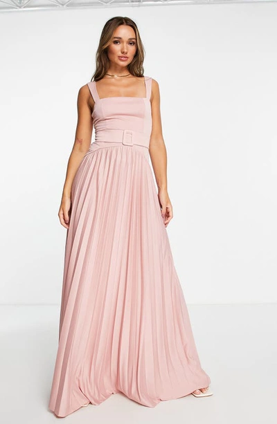 Asos Design Belted Pleated A-line Gown In Pink