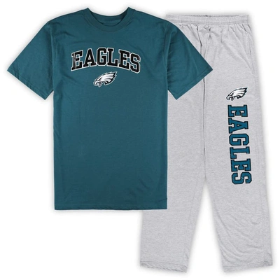 Concepts Sport Midnight Green/heather Gray Philadelphia Eagles Big & Tall T-shirt & Pajama Pants Sle In Midnight Green,heather Gray