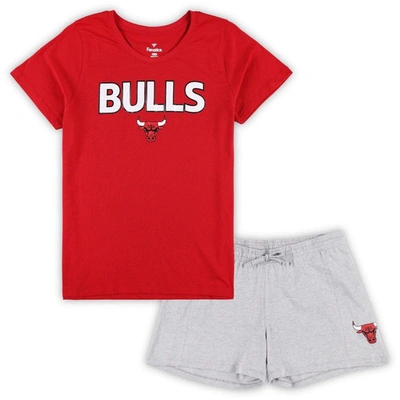 Fanatics Women's  Red, Heather Gray Chicago Bulls Plus Size T-shirt And Shorts Combo Set In Red,heather Gray
