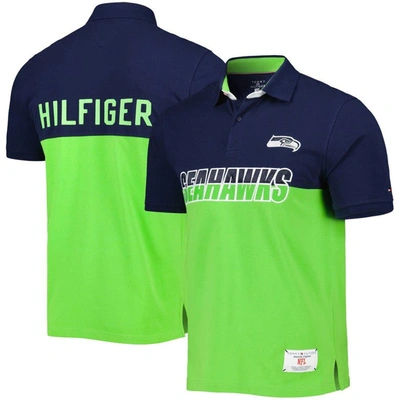 Tommy Hilfiger Men's  Neon Green, College Navy Seattle Seahawks Color Block Polo Shirt In Neon Green,college Navy