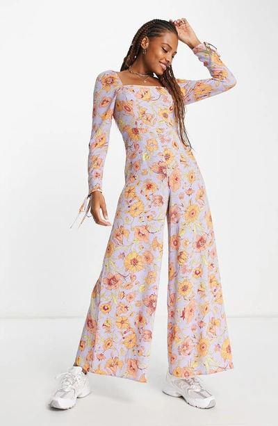 Asos Design Floral Long Sleeve Crepe Jumpsuit In Lilac ModeSens