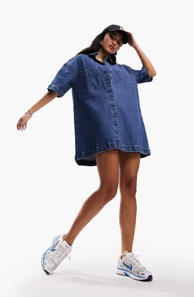 Asos Design Relaxed Fit Denim Shirtdress In Medium Blue