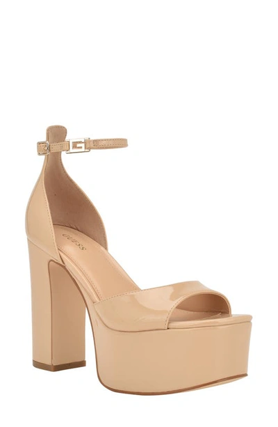 Guess Selima Ankle Strap Platform Sandal In Light Natural Patent