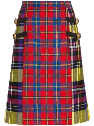 Versace Leather-trimmed Tartan Wool Skirt In Multicolour