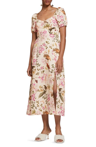 & Other Stories Floral Print Puff Sleeve Linen Midi Dress In Flower And  Bird Aop | ModeSens