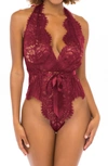 Oh La La Cheri Naomi Plunge Neck Lace Bodysuit In Rhubarb