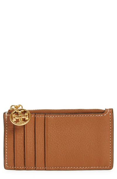 Tory Burch Miller Zip Leather Card Case In Light Umber/brass
