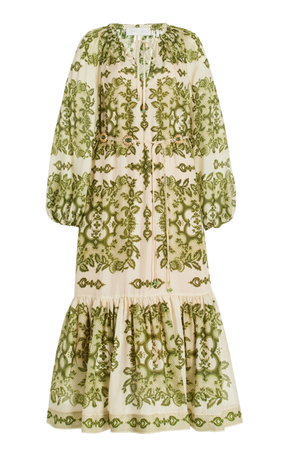 Zimmermann Raie Tiered Silk Midi Dress In Green