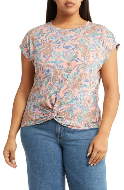 Wit & Wisdom Floral Twist Hem Top In Dusty Papaya Multi