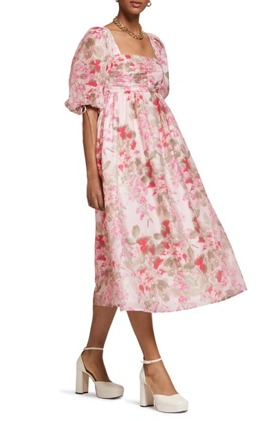 & Other Stories Floral Puff Sleeve Lace-up Back Dress In Pink Flower Aop