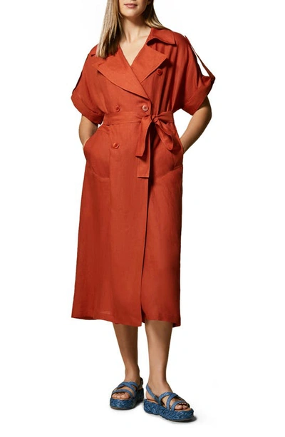 Marina Rinaldi Plus Size Driver Belted Linen Midi Dress In Rust