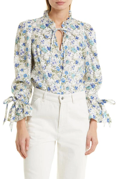 Stellah Floral Print Ruffle Blouse In Blue