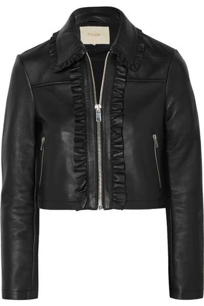 Maje Cropped Ruffled Leather Biker Jacket In Black