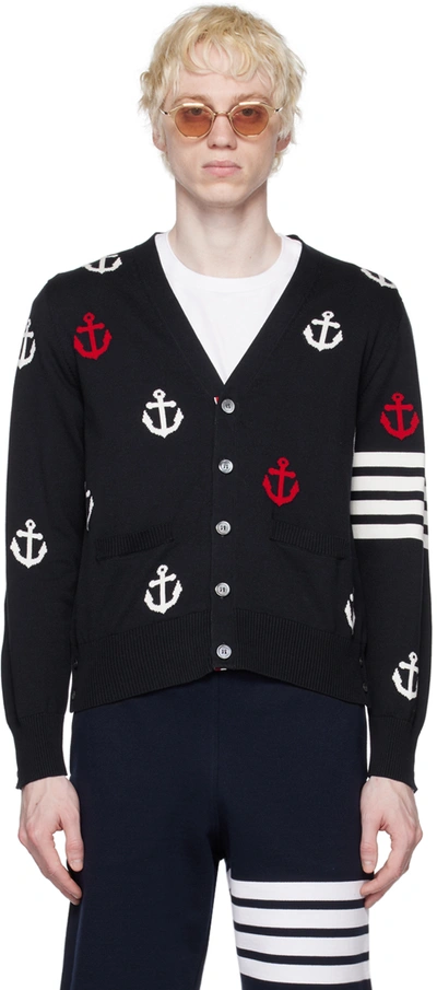 Thom Browne 4-bar Anchor Print Cardigan In 415 Navy