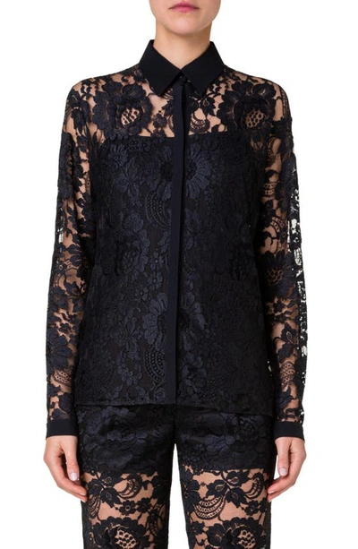 Akris Sheer Floral Lace Blouse In Black