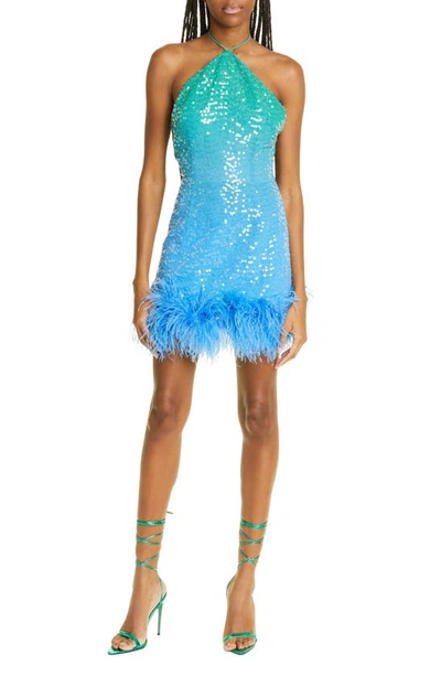 Sau Lee Jewel Sequin Feather Trim Halter Dress In Green Blue Ombre