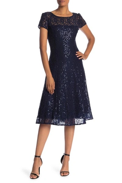 Sl Fashions Tea Length Sequin Lace Dress In Navy