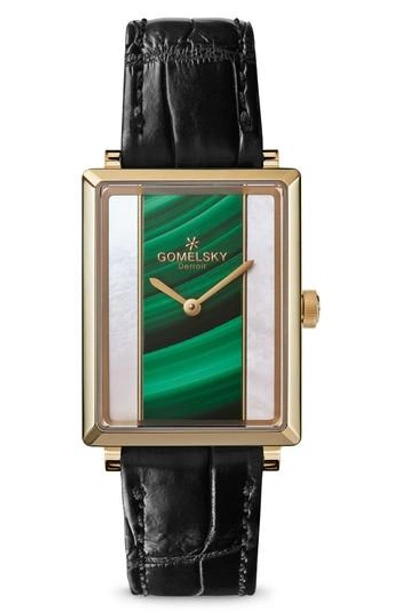 Gomelsky The Shirley Fromer Alligator Strap Watch, 32mm X 25mm In Black/ Mop Malachite/ Gold