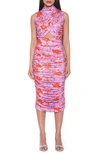 Alexia Admor Khloe Sleeveless Ruched Cutout Midi Dress In Hot Pink Multi