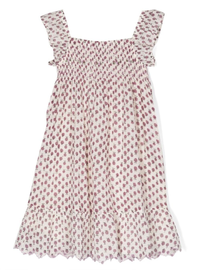 Emile Et Ida Kids' Apple-print Shirred-effect Cotton Dress In Neutrals